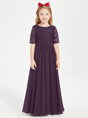Long Junior Bridesmaid Gown Lace Top Half Sleeves Plum