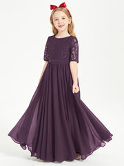 Long Junior Bridesmaid Gown Lace Top Half Sleeves Plum