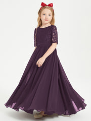 Long Junior Bridesmaid Gown Lace Top Half Sleeves Plum