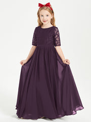 Long Junior Bridesmaid Gown Lace Top Half Sleeves Plum