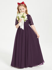 Long Junior Bridesmaid Gown Lace Top Half Sleeves Plum