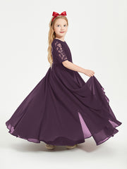 Long Junior Bridesmaid Gown Lace Top Half Sleeves Plum