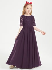 Long Junior Bridesmaid Gown Lace Top Half Sleeves Plum