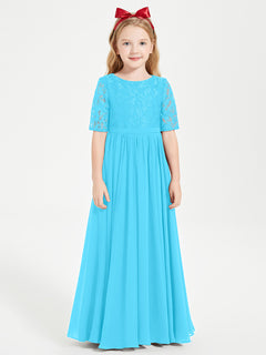 Long Junior Bridesmaid Gown Lace Top Half Sleeves Pool