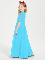 Long Junior Bridesmaid Gown Lace Top Half Sleeves Pool