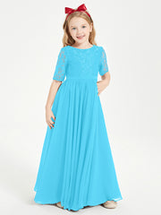 Long Junior Bridesmaid Gown Lace Top Half Sleeves Pool