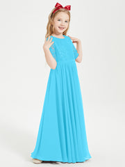 Long Junior Bridesmaid Gown Lace Top Half Sleeves Pool