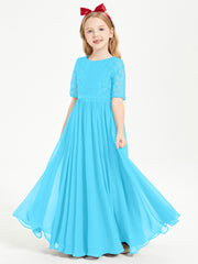 Long Junior Bridesmaid Gown Lace Top Half Sleeves Pool