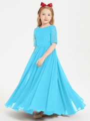 Long Junior Bridesmaid Gown Lace Top Half Sleeves Pool