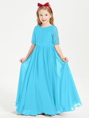 Long Junior Bridesmaid Gown Lace Top Half Sleeves Pool