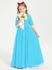 Long Junior Bridesmaid Gown Lace Top Half Sleeves Pool