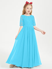 Long Junior Bridesmaid Gown Lace Top Half Sleeves Pool