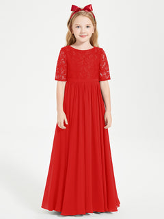 Long Junior Bridesmaid Gown Lace Top Half Sleeves Red