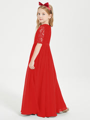 Long Junior Bridesmaid Gown Lace Top Half Sleeves Red