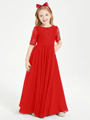 Long Junior Bridesmaid Gown Lace Top Half Sleeves Red