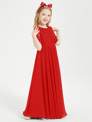Long Junior Bridesmaid Gown Lace Top Half Sleeves Red