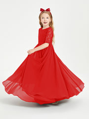 Long Junior Bridesmaid Gown Lace Top Half Sleeves Red