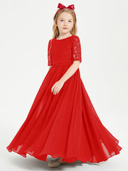 Long Junior Bridesmaid Gown Lace Top Half Sleeves Red