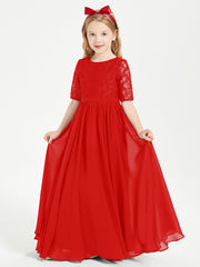 Long Junior Bridesmaid Gown Lace Top Half Sleeves Red