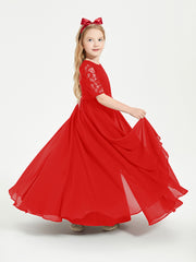 Long Junior Bridesmaid Gown Lace Top Half Sleeves Red