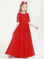 Long Junior Bridesmaid Gown Lace Top Half Sleeves Red