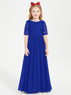 Long Junior Bridesmaid Gown Lace Top Half Sleeves Royal Blue