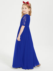 Long Junior Bridesmaid Gown Lace Top Half Sleeves Royal Blue