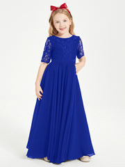 Long Junior Bridesmaid Gown Lace Top Half Sleeves Royal Blue
