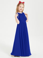 Long Junior Bridesmaid Gown Lace Top Half Sleeves Royal Blue
