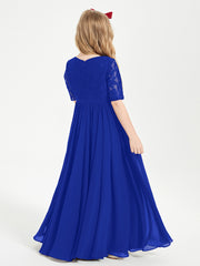 Long Junior Bridesmaid Gown Lace Top Half Sleeves Royal Blue