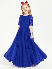 Long Junior Bridesmaid Gown Lace Top Half Sleeves Royal Blue