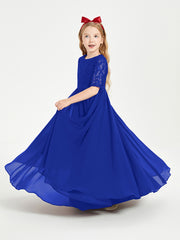 Long Junior Bridesmaid Gown Lace Top Half Sleeves Royal Blue
