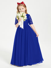Long Junior Bridesmaid Gown Lace Top Half Sleeves Royal Blue