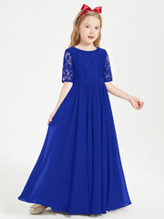Long Junior Bridesmaid Gown Lace Top Half Sleeves Royal Blue