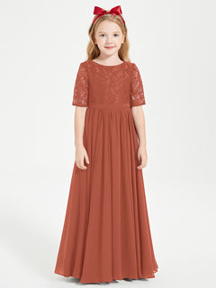 Long Junior Bridesmaid Gown Lace Top Half Sleeves Rust