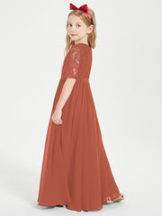 Long Junior Bridesmaid Gown Lace Top Half Sleeves Rust