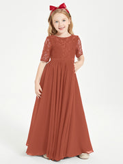 Long Junior Bridesmaid Gown Lace Top Half Sleeves Rust