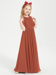 Long Junior Bridesmaid Gown Lace Top Half Sleeves Rust