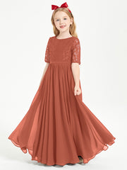 Long Junior Bridesmaid Gown Lace Top Half Sleeves Rust