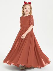 Long Junior Bridesmaid Gown Lace Top Half Sleeves Rust