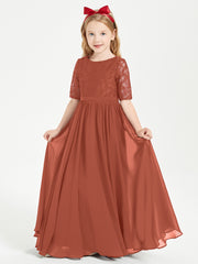 Long Junior Bridesmaid Gown Lace Top Half Sleeves Rust