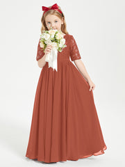 Long Junior Bridesmaid Gown Lace Top Half Sleeves Rust