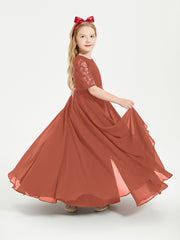 Long Junior Bridesmaid Gown Lace Top Half Sleeves Rust