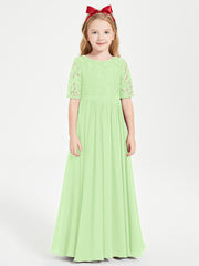 Long Junior Bridesmaid Gown Lace Top Half Sleeves Sage