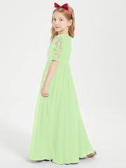 Long Junior Bridesmaid Gown Lace Top Half Sleeves Sage