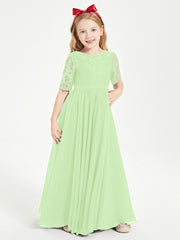 Long Junior Bridesmaid Gown Lace Top Half Sleeves Sage