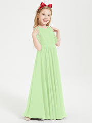 Long Junior Bridesmaid Gown Lace Top Half Sleeves Sage