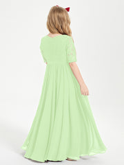 Long Junior Bridesmaid Gown Lace Top Half Sleeves Sage