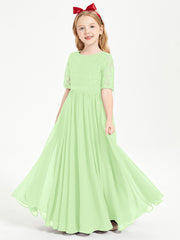Long Junior Bridesmaid Gown Lace Top Half Sleeves Sage
