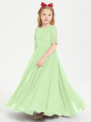 Long Junior Bridesmaid Gown Lace Top Half Sleeves Sage